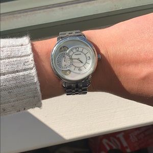 Silver Fossil Watch with Pearl Face